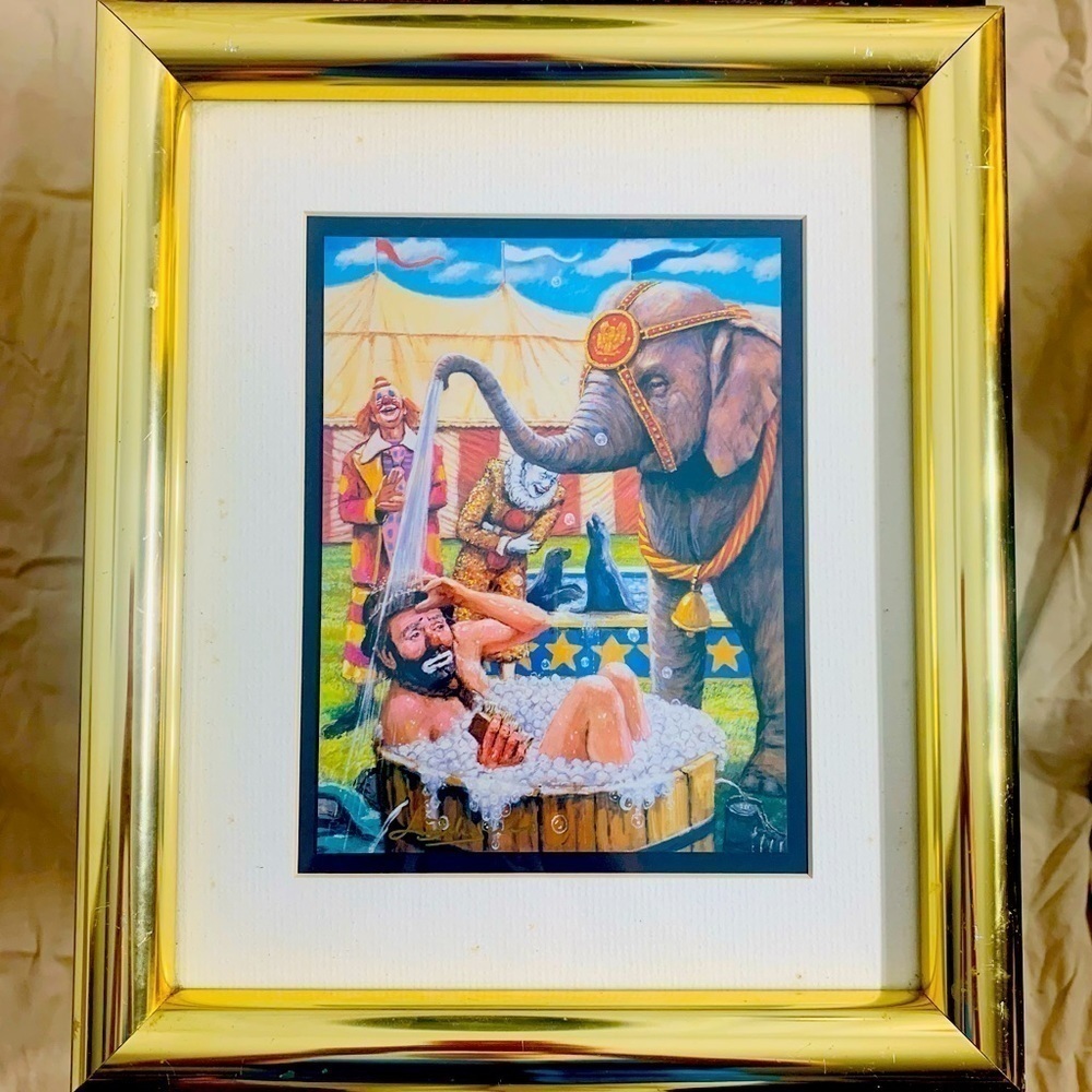 Vintage 80s Emmett Kelly helping hands circus collection lithograph framed gold